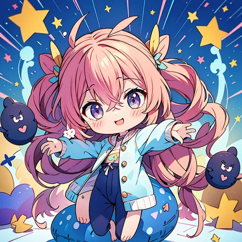 Anime, manga ,1 person,  chibi deformed character、Alone, shy、  Cute Vibes  、 dark eyes,,  Long Sleeve , bangs,,   raise your arms  ,  show me the whole body,  colorful hair,Expectations、  Looking at the Audience ,  different hair colors, Hair between the e...