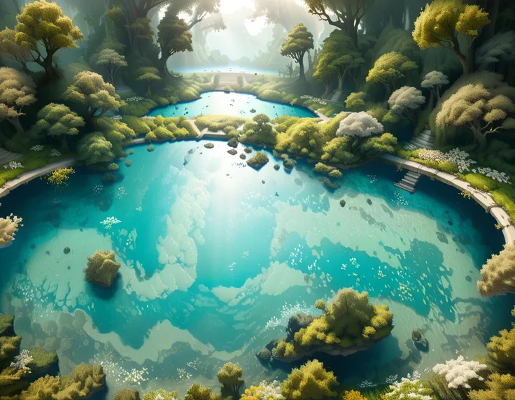 A verdant green land filled with rolling hills and lush thickets, fantasy landscape of a lake hidden in a field of trees and flowers, an ancient temple lays beneath the waters of the lake, (((half above and half below the water:2)))