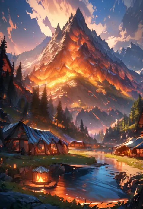 score_9, score_8_up, score_7_up,(masterpiece,best quality,high resolution,ultra sharp focus,crisp quality,rich contrast,Cinematic Lighting, ethereal light, intricate details,full colored, HDR, UHD,8k,detailed background is beautiful),Cozy campfire surround...