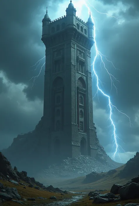 The tower starting to collapse as lightning hits it