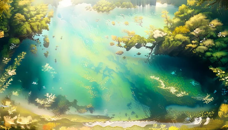 A verdant green land filled with rolling hills and lush thickets, fantasy landscape of a lake hidden in a field of trees and flowers, an ancient temple lays beneath the waters of the lake, (((half above and half below the water:2)))