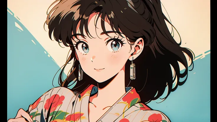  anime style picture of a girl holding a cassette tape. The girl wearing yukata,
The background is simple and the main focus is on the girl and the cassette tape. 
That girl has big eyes ,  brown hair, and wears yukata. The cassette tape is labeled in red ...