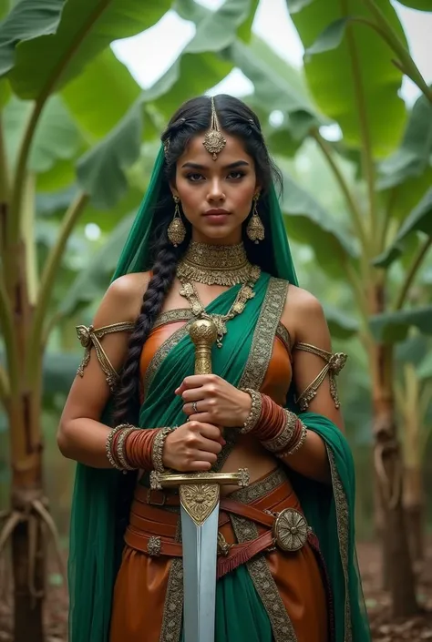 Create a charming fantasy character inspired by the image of a warrior woman in traditional indian sari attire. wearing green sneackers ,  He stands among the banana trees ,  exudes strength and determination . The soldier was wearing a very detailed leath...