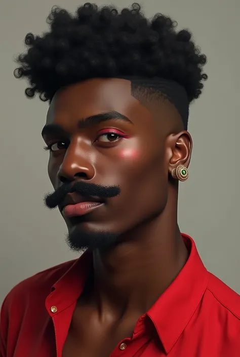 You will create a realistic gay man. Black skin with mustache and without beard .  hair shaved on the sides and large on top of curls. big lips. big eyelashes, half effeminate face .   Pink blush on the cheeks . And the red blouse  