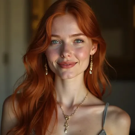 A young woman, 20 years, Aesthetic work, red-haired Irish woman,  long wavy red hair,  blue eyes ,  some small s , pale skin,  small breasts ,  detailed skin texture , smiling slightly at the camera with a seductive and accessible air .  She wears an elega...