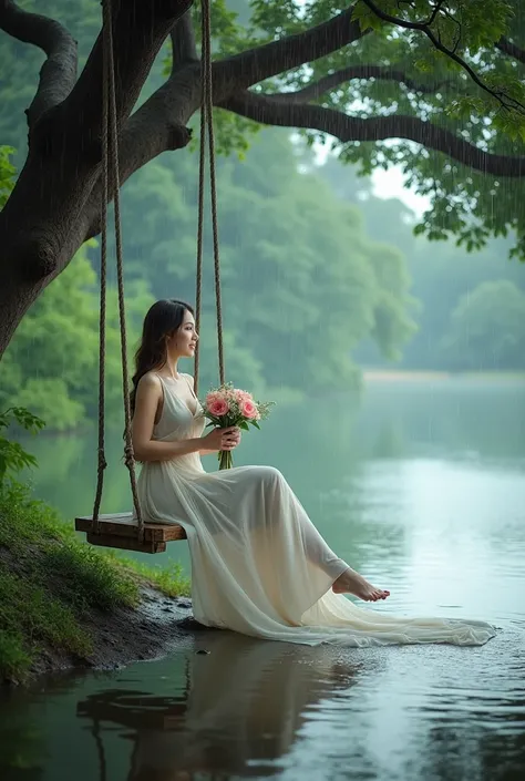 Photoshoot of a beautiful woman enjoying the rain on the edge of a clear lake and under a tree while enjoying a swing and carrying flowers. . 