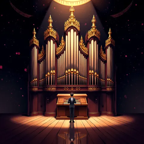 Huge Antique Tubular Organ with Twisted Tubes with Holes, A Sound Comes From Every Tube ,  Stage Huge Hall Darkness Only Light Falls On The Organ and The Boy Who Plays It,  The Boy in the Tuxedo and the White Shirt ,  Scene Made of Mirrored Floor ,  Light ...