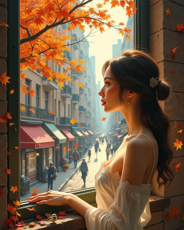 masterpiece surreal hyper realistic oil on canvas painting in don lawrence style about the autumn leaves drift by the windows wh...