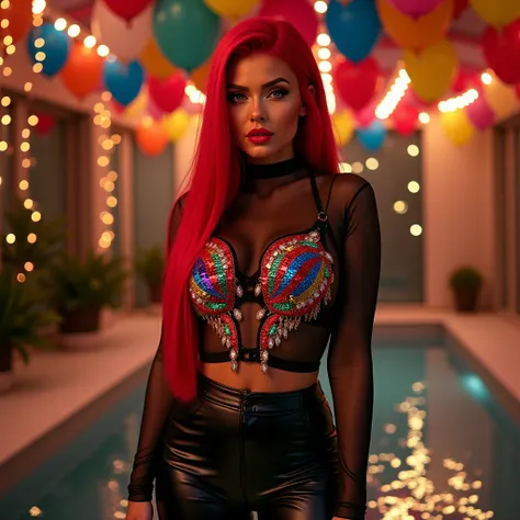 create a Kylie Jenner, big red lips, very straight bright vibrant red very long hair, Perfect Curves, smile. wearing a black, long-sleeved sheer top adorned with a sequined fabric featuring a multicolored design with feathers at the wrists, black leather p...