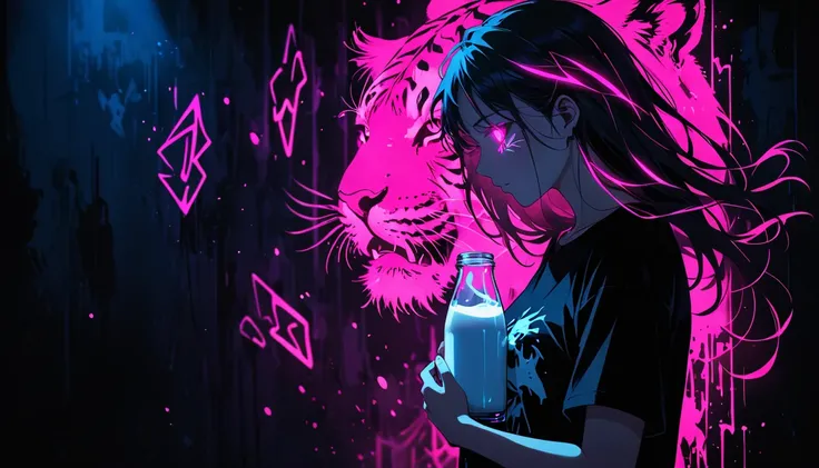 ( portrait of a mysterious giant roaring tiger)，indoor，Fluorescent illumination， (((Darkness envelops ,  black background,  milk, Extremely Dark,  dark atmosphere ))),，Wallpaper background， black background，Silhouette， milk，Extremely Dark， minimalist graff...