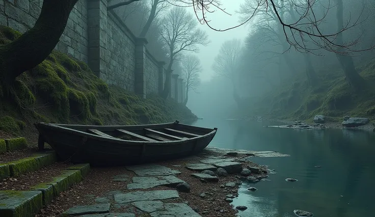 secluded corner of an ancient riverbank, with broken stone steps leading to a crumbling moss-covered wall. An abandoned and damaged wooden boat lies tilted near the edge. The atmosphere is quiet, with a cold wind blowing through the eerie, empty space."
