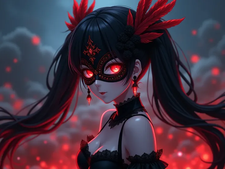 (masterpiece), best quality, perfect face, expressive eyes, (older Female, onee-sama, in her 20s), white skin, very tall, thin, athletic, fit, (very long black twintails:1.3, quadtails, fluffy bangs), (Black sparkling optic domino mask with elegant lace fe...