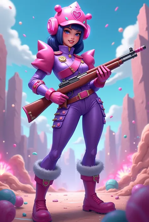 "Draw Azucarilla wearing a stylish and playful military uniform in shades of purple and lavender, with her signature sweet-themed flair. The uniform features a fitted purple jacket with candy-shaped buttons, a sash decorated with tiny lollipops, and epaule...