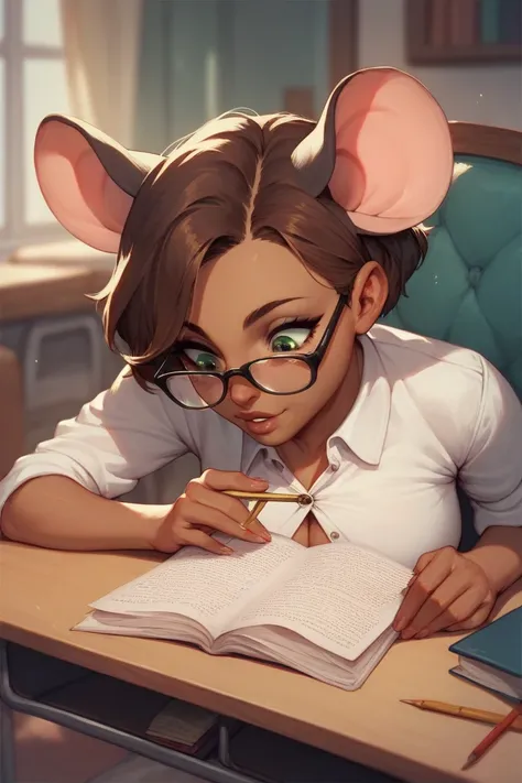 mouse girl, dark skin, short hair, brown hair, large mouse ears, button-down shirt, large glasses, siting at desk, reading, green eyes