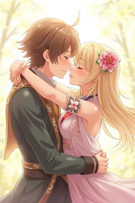 anime, a couple of people that are kissing each other, kissing together cutely, genshin, kissing together, keqing genshin impact, keqing from genshin impact, art style of rune factory 5, keqing game genshin impact, genshin impact character, aethee from gen...