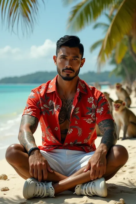 A handsome Indonesian man,  full body tattooed sitting cross-legged on the beach, wearing a red floral print shirt , under white short jeans , wearing Nike shoes smiling in the foreground , looks real ,cinematik,background of a group of monkeys .