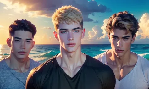 [(( Very detailed,  careful eyes,  detailed facial,  Clear and realistic facial features , Realistic photos, Realistic light, Movie, Close together, close up)), ((((3 men ,  Every man looks unique ,  Everyone has a different natural hair color and differen...