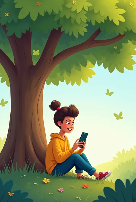 cartoon of a  talking on a smartphone under a tree