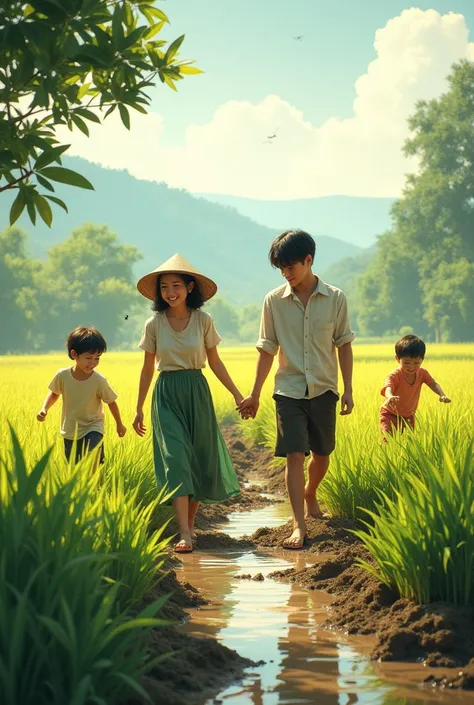 Young Parents working in paddy field where s are playing