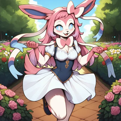 Loving expression, Happy expression, cutie, 1girl, anthro, furry, fur, fluffy fur, fluffy big pink tail, sylveon girl, pink hair, long hair, messy hair, cyan hair highlights, (19 years), white eyes, cyan sclera, medium breast, thicc thighs, hearts, flower ...