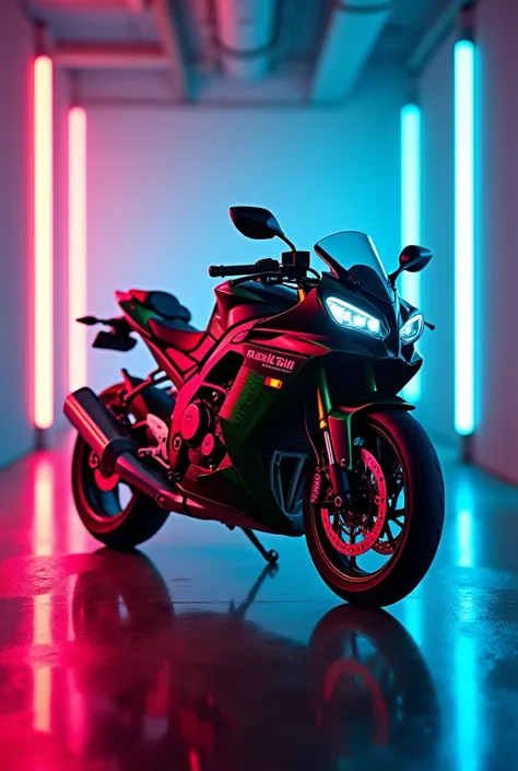 alone kawazaki motorcycle, neon light, futuristic background, Cinematic, Photo shoot, Shot with 25mm lens, Depth
field, tilt blur, shutter speed 1/1000, f/22, white balance, 32k, super resolution, Pro Photo RGB, back half
Lighting, Backlighting, Dramatic L...