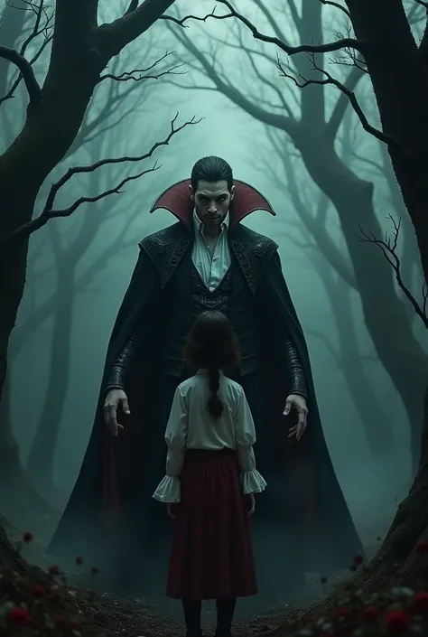 forest,  with a man in a vampire suit in front of him there is a girl turning his back on the guy about to bite the girl, with eyes facing forward 