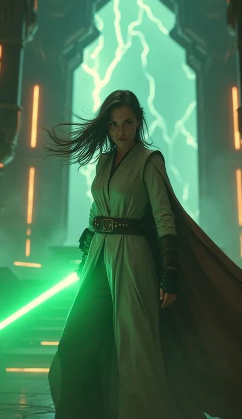 (masterpiece:1.2,Exceptional Quality,mirror-like,Cinematic Experience),(Beautiful woman:1.4),(Wearing a Jedi Knight outfit),(Holds a green plasma saber that emits powerful electrical discharges:1.4),(dynamic:1.4),(Serious:1.4),(The background is the interi...