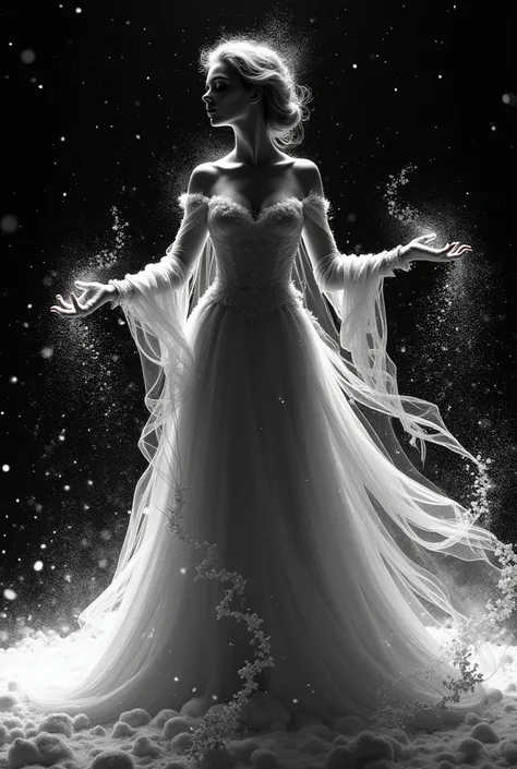 Snow princess silhouette
background black
black and white
Im putting snow out of both hands
illustration style
