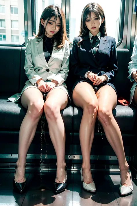 One woman pees on a train seat 、 Women pee in front of many passengers、A woman sits on a train seat 、 Lower body and floor wet due to large amounts of pee 、Black High Heels、White Suit、Beauty、 Japanese woman with a viewing angle of、Perfect figure、Surrounded...