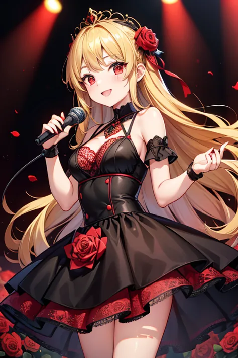  1 beautiful girl with pieces 　Shows up to the waist　 short　Baby Face　 golden long hair 　Blonde　 princess cut　Red eyes　 bright smile　Red and black dress　Black lace　Red Rose　Rapper　 having a microphone