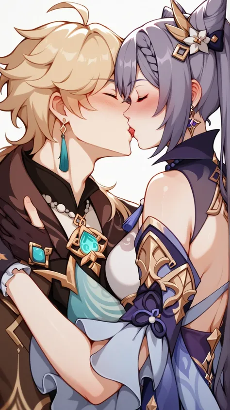 anime, a couple of people that are kissing each other, kissing together cutely, genshin, kissing together, keqing genshin impact, keqing from genshin impact, art style of rune factory 5, keqing game genshin impact, genshin impact character, aethee from gen...