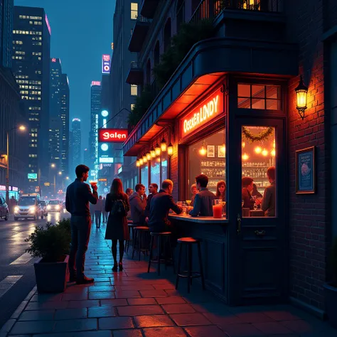 a night bar outside, in the corner of a city