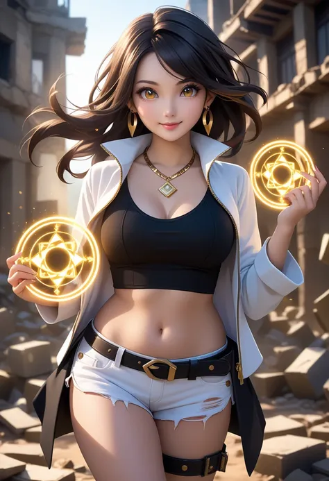 Lovely and adorable, real photo, ultra detailed, fashion photo with lighting, dynamic pose, cute and beautiful Japanese like an idol, upper body shot, photo realistic and cinematic, role-playing game characters, sun-drenched ruins, waist, belly button, loo...