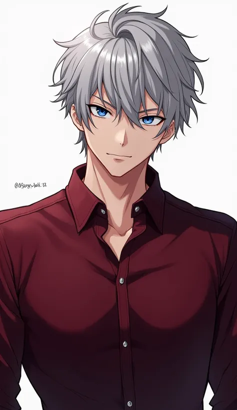 1boy,  looking at the spectator,  high resolution, blue eyes ,  silver hair,  Anime style, hundercut hair, dark red blouse, anime style,, strong body 