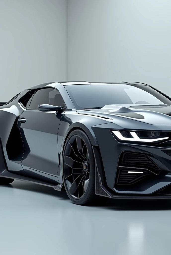 An ultra realistic version of a Chevrolet Camaro with a futuristic design showing the side of the car