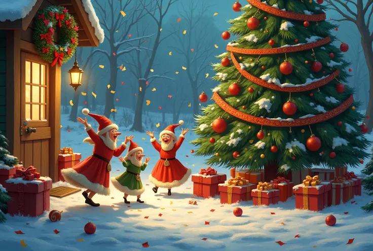 Christmas tree background near gifts and confetti 
Happy Slavic ren are dancing nearby