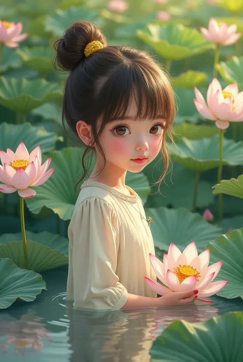 Beautiful girl with tall bun hair on white flowers, beautiful red lotus garden, playing with water and collecting lilies. Fun mood realistic oil color picture1 girl,  high resolution, looking at camera