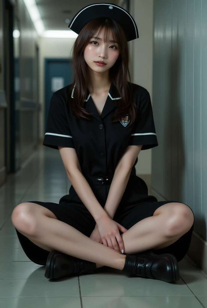  1 girl ,Gal, sitting , cross your legs , foot focus ,from below , dark gothic ,black girl ,Nurse uniform,black Nurse uniform, nurse cap ,smile,Dark Light, sexy pose,dynamic angles, abandoned hospital 