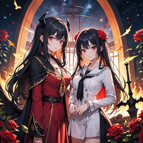  1 girl , The long Strahire 、 smaller breasts、 black hair、 Swallowed by the Darkness of Red Roses and Becomes a Demon King。 a black sailor suit with fine embroidery 、Cape、 multiple devil wings long hair ,  bangs,  細かな装飾やクリスタルが埋め込まれたdisaster々Has a long swor...