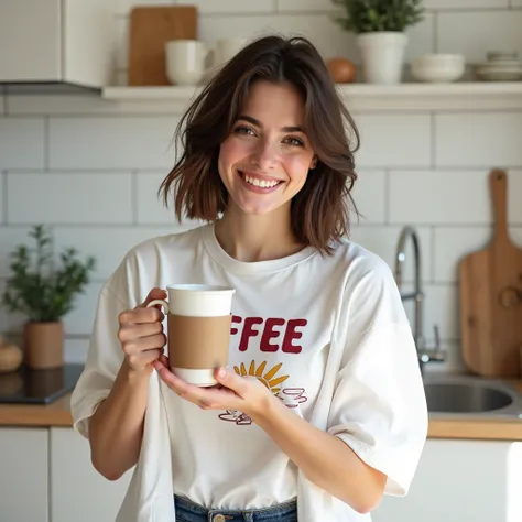 A natural and fun image of a young woman preparing to drink coffee in a cozy home. The young woman wears a white T-shirt with the word COFFEE written in deep red and a colorful sun illustration, paired with white shirt. Her slightly messy dark brown hair n...