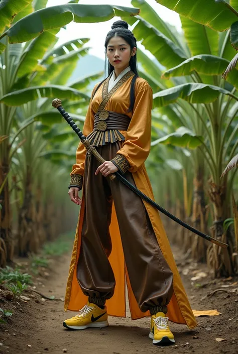 Create a charming fantasy character inspired by the image of a warrior woman in traditional Korean hanfu dress. wear yellow sneakers,  smiling,  He stands among the banana trees ,  exudes strength and determination . The soldier was wearing a very detailed...