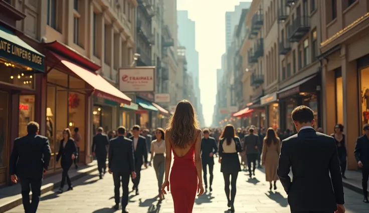 "A very clear ultra HD dynamic image of" "A busy street scene symbolizing selfishness: people indulging in luxury, ignoring the needs of others around them. A woman turns her back on her family to chase material wealth."  