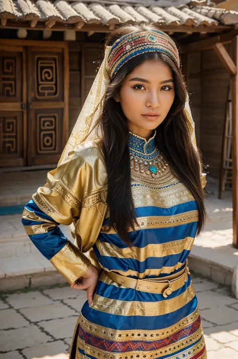 Beautiful woman, karakalpak ethnicity, 28 years, cultural clothing of Uzbekistan 