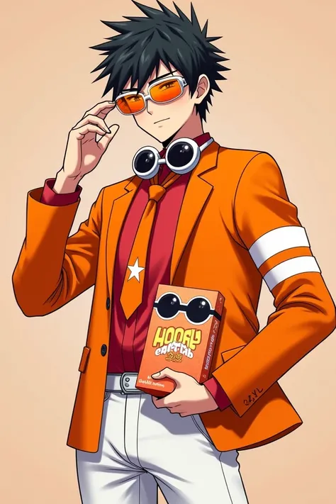 Shinichi Sakurai wearing sunglasses with orange visors with a red shirt and an orange jacket with two white stripes on each sleeve of the hands and white swimming goggles with black visors on the collar together with an orange tie with a white star in the ...