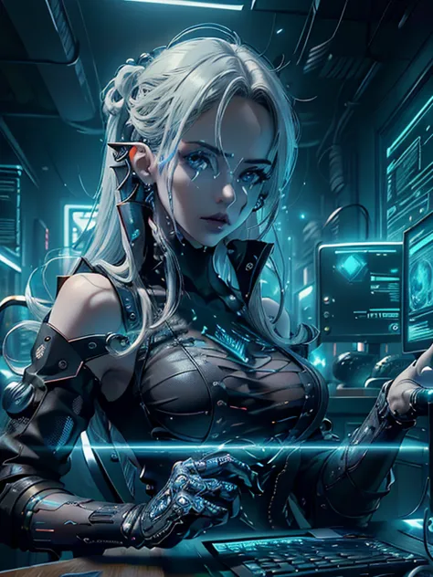 masterpiece,  best quality,  highly detailed cg unity 8k wallpaper,beautiful alluring  cyberpunk female hacker, ((upper body por...