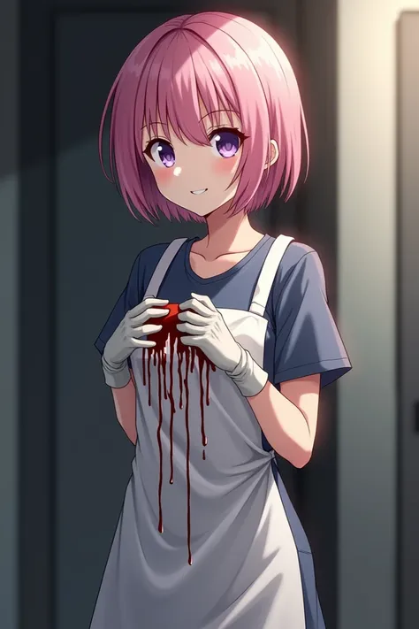 Anime girl, casual clothes, a blood-dirty apron and surgical gloves, short pink hair, purple eyes, gentle smile, curvyless