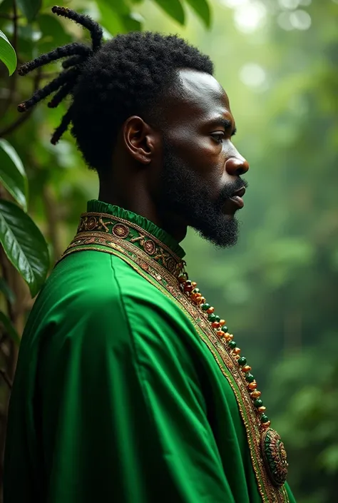  An African orixá who takes care of the forests , Owner of Abundance  .  Black man wearing an all-green Orixá African outfit,  Focus on the face of the profile  .