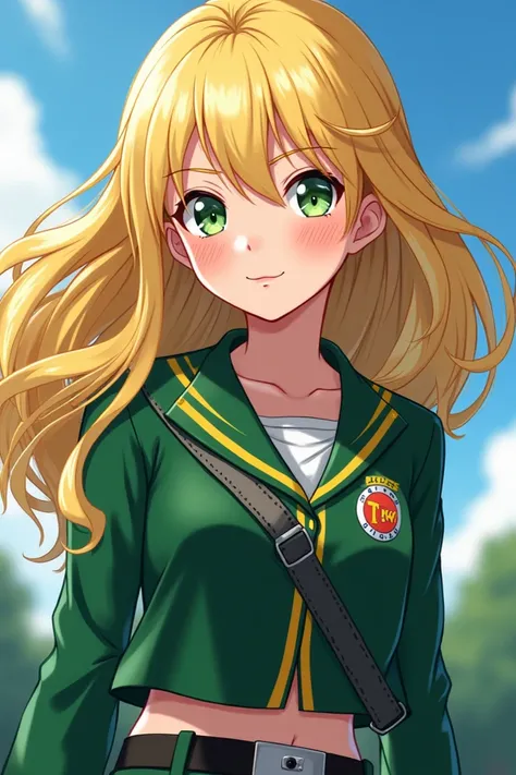 Create an Oc de My Héro Academya feminine with light green eyes and blond hair with freckles and UA uniform 