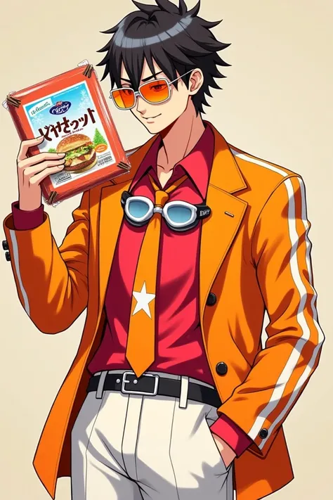 Shinichi Sakurai wearing sunglasses with orange visors with a red shirt and an orange jacket with two white stripes on each sleeve of the hands and white swimming goggles with black visors on the collar together with an orange tie with a white star in the ...