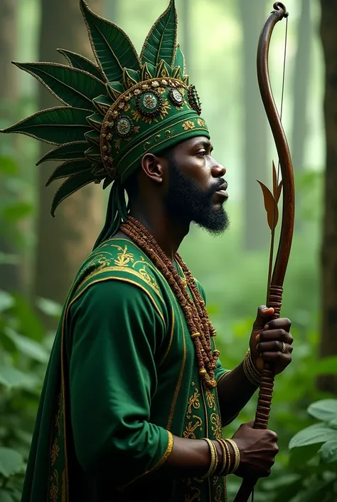  An African orixá who takes care of the forests , Owner of Abundance  .  Black man wearing an all-green Orixá African outfit,  Focus on the face of the profile showing the bow and arrow 